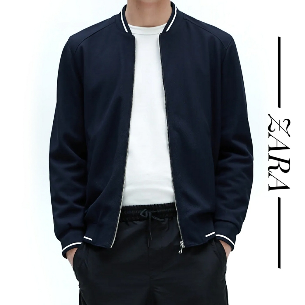 NWT Zara Men Piqué Bomber Navy Blue Jacket - Picture 1 of 5